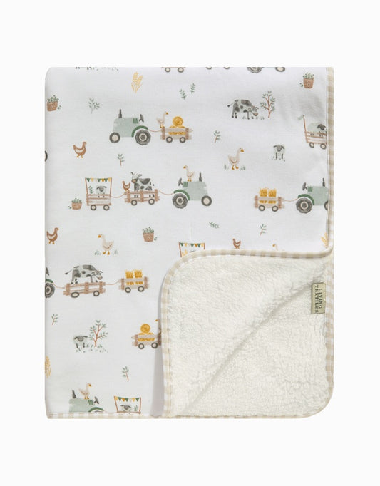 Baby Blanket - Organic Jersey Sherpa Blanket - Tractor Ride